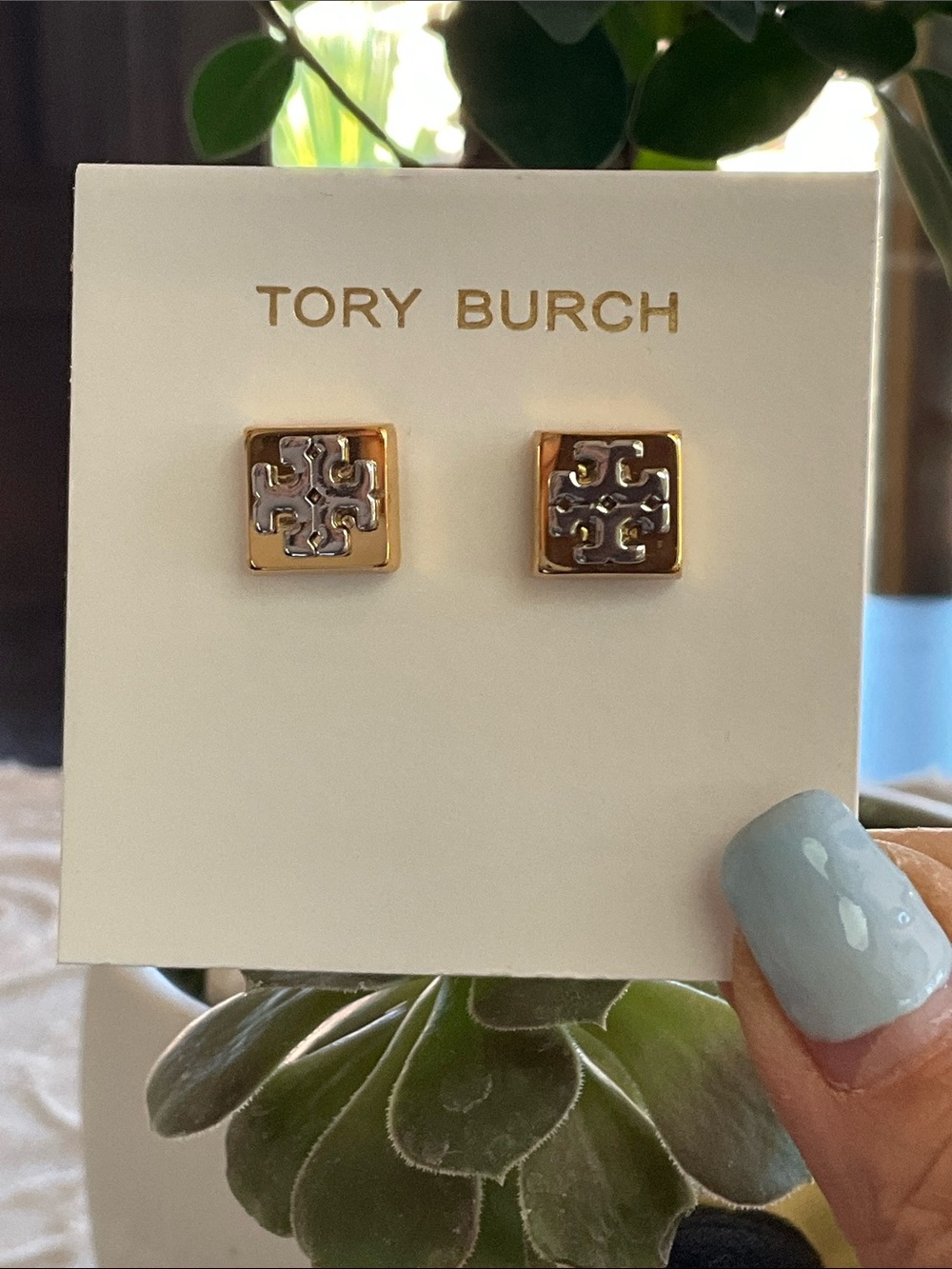 Tory Burch Two-Tone Gold and Silver Square Logo Stud Earrings